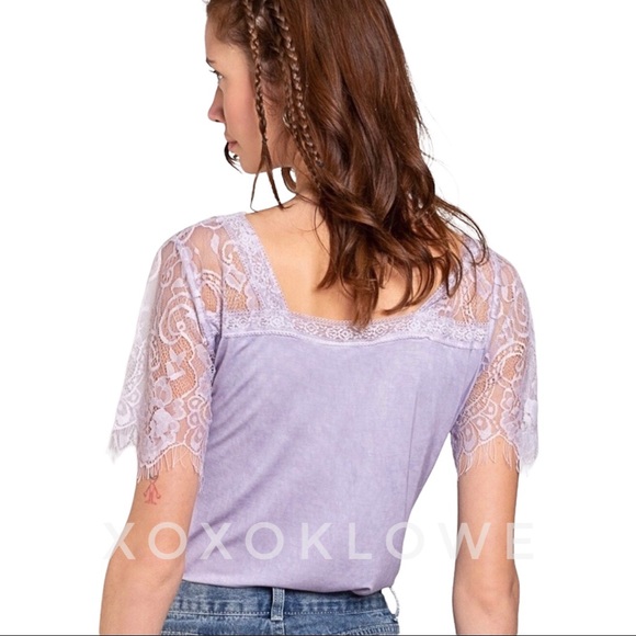POL Lavender Buttery Soft Lace Sleeve V Neck Premium Tee - Picture 5 of 11